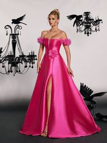 Women's Off Shoulder Satin Ruffle High Slit Evening Gown