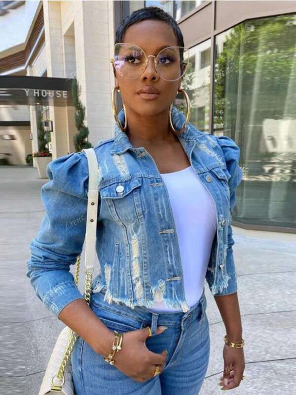 Washed Ripped Denim Jacket, Loose Fit, Street Style, Long Sleeve, Short Cut