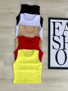 Kit 5 Cropped Tank Tops AnaRuga - 黑-白-裸色-黃 BB-紅 - 查看 1