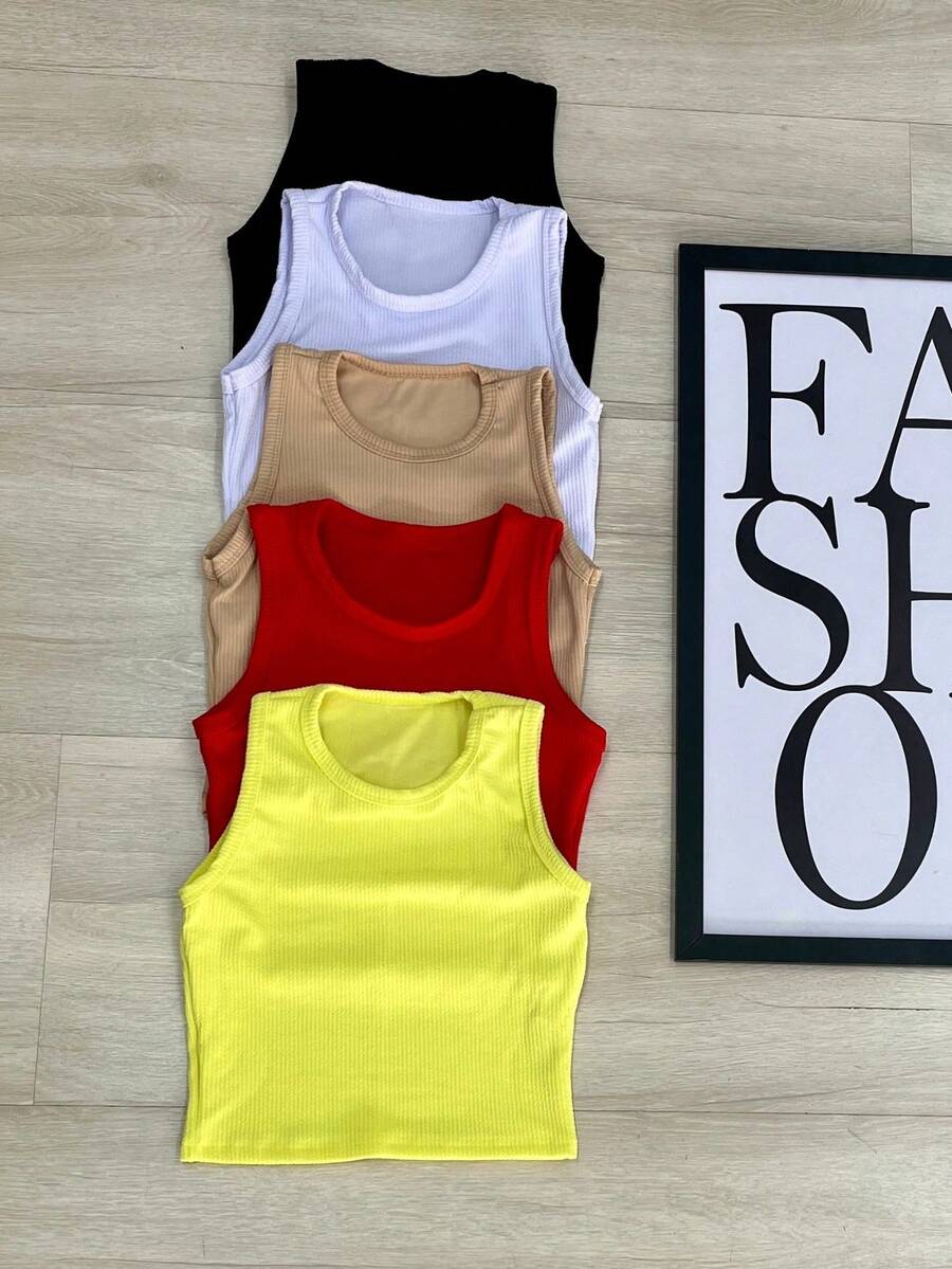 Kit 5 Cropped Tank Tops AnaRuga - 黑-白-裸色-黃 BB-紅 - 查看 1