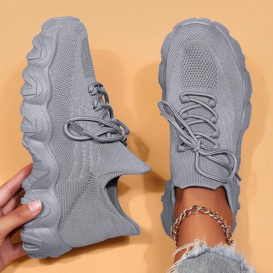 Women's Breathable Round Toe Slip-On Cushion Sneakers, Ladies' Casual Knitted Shoes - 灰色 - 查看 1
