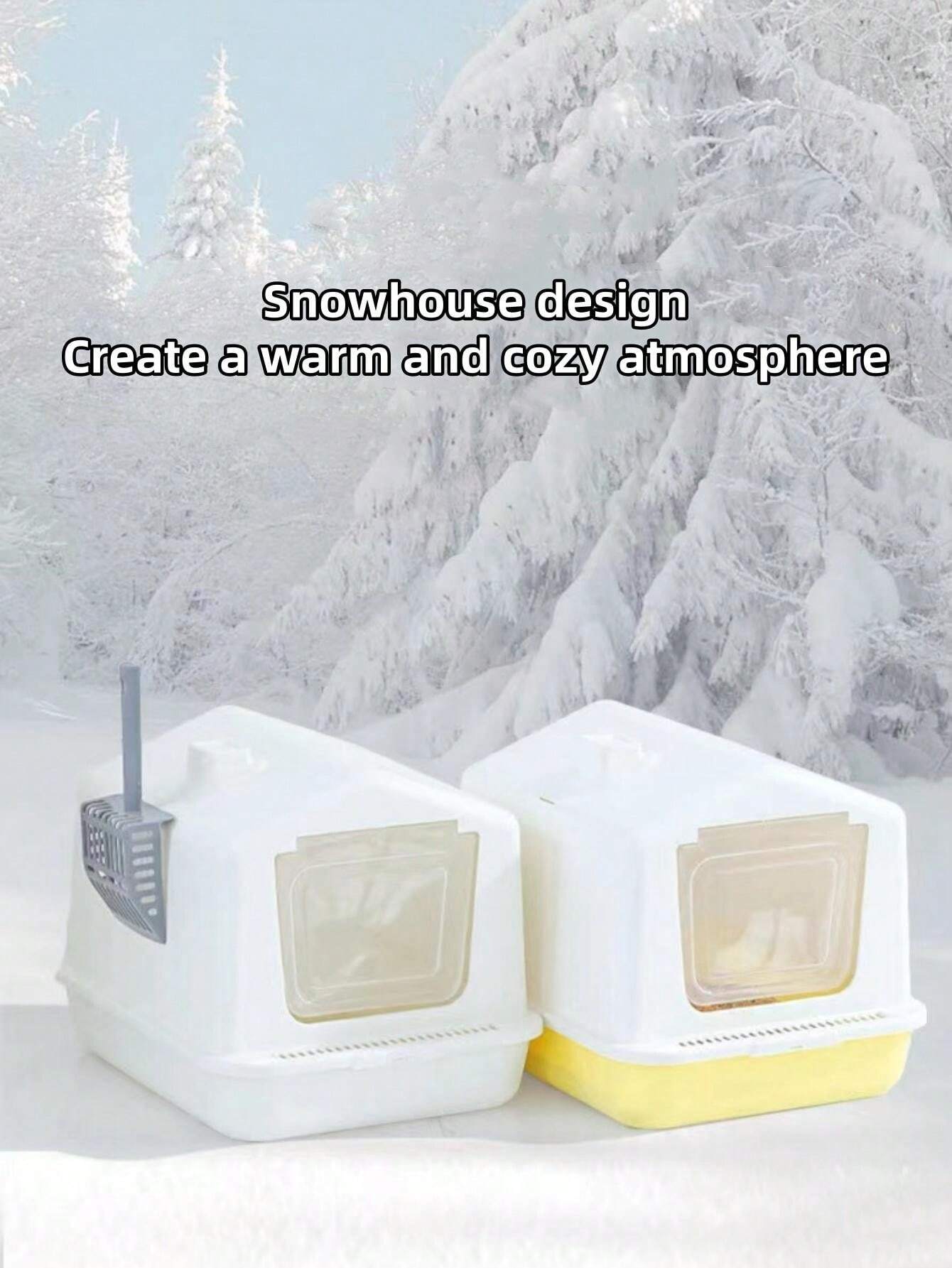 Large Fully Enclosed Cat Litter Box, Snow House Style, AntiSplash