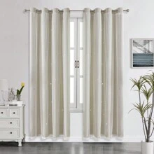 2pcs/Set Panel Curtains - Beige Solid Curtains With Laser Cut Star Holes To Darken Room, Suitable For Bedroom, Decor Home Curtain For Girls Room, Living Room