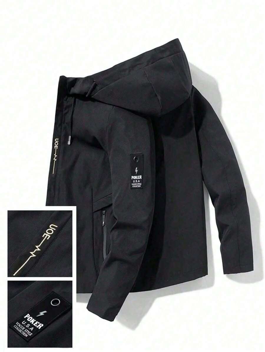 Giacca con cappuccio casual e semplice, con cerniera, antivento, da uomo - nero - Visualizzare 1