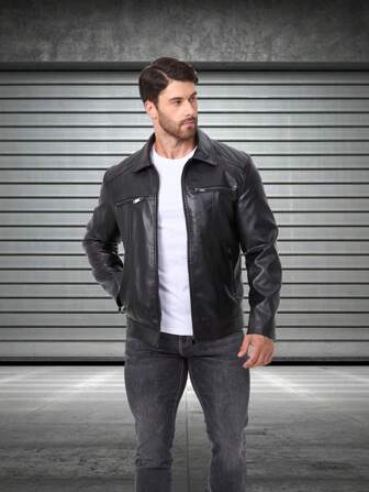 Men's Motorcycle PU Leather Jacket With Shoulder Inserts, Stand Collar, Zipper Pockets, Sporty Racer Style, Suitable For Autumn/Winter Outdoor