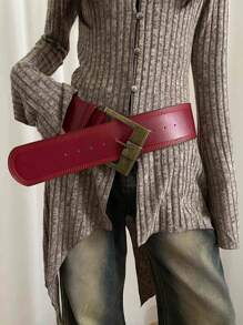 1pc Women's Burgundy PU Leather Wide Buckle Vintage Belts For Cinched Waist Halloween Summer, School Fall, Autumn, Halloween
