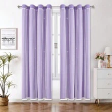 Rèm cửa che nắng đục lỗ hình ngôi sao 2 tấm, màu trơn có ren, rèm trang trí hai lớp bằng vải voan cho phòng ngủ, phòng khách của bé gái - Màu tím - Màu tím - Xem 22