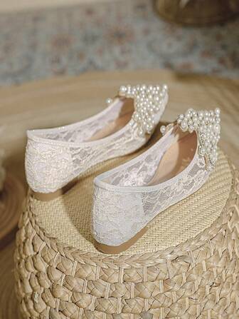 Damskie miękkie płaskie buty ze szpiczastym noskiem płytkie w stylu wróżki miękkie perły i koronkowe siateczkowe buty, buty ślubne odpowiednie do codziennego noszenia
