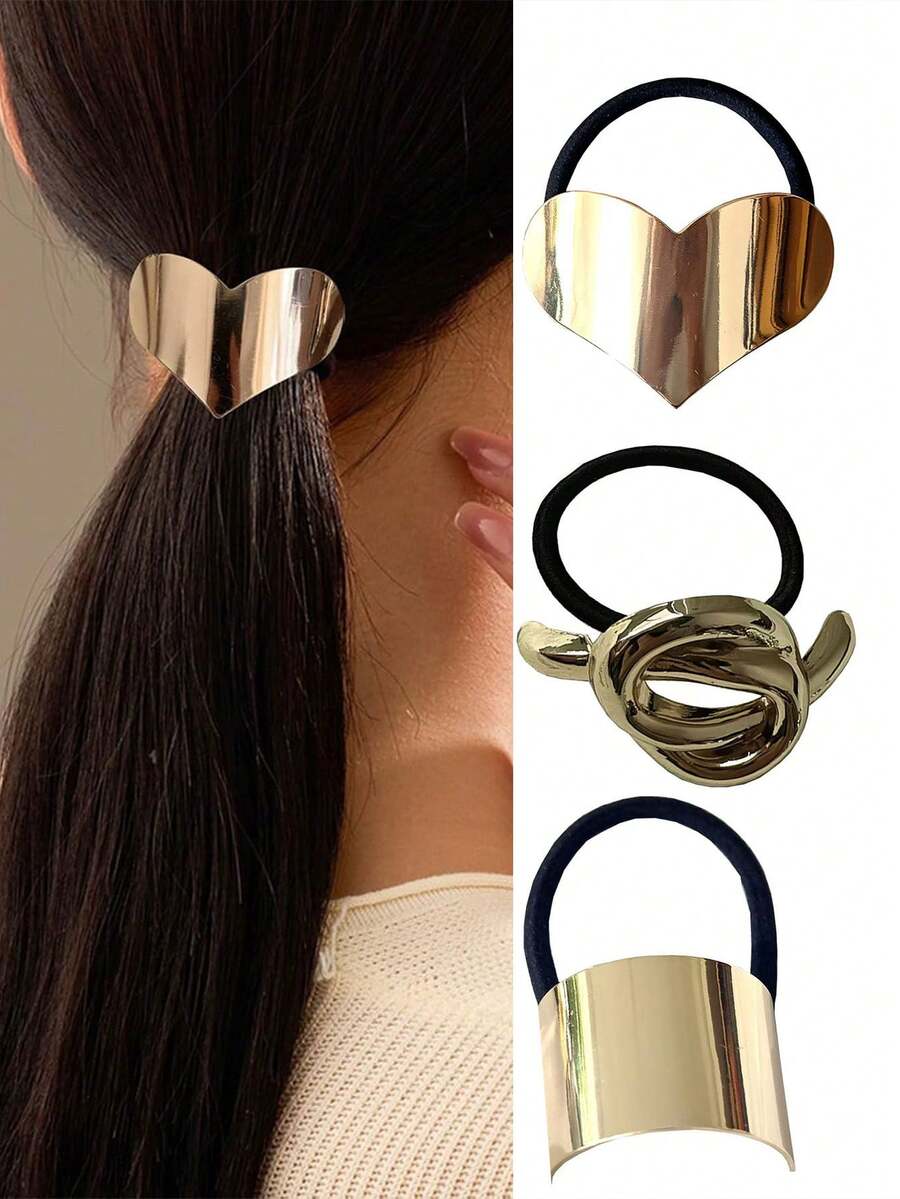 3pcs Fashionable Versatile Alloy Seamless Snag-Free Hair Ties, Gold Color Elastic Snag-Free Hair Ties Ponytail Holders, High Quality Hair Accessories, Gift For Women