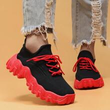 Women's Breathable Round Toe Slip-On Cushion Sneakers, Ladies' Casual Knitted Shoes - 黑紅 - 查看 4