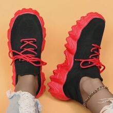 Women's Breathable Round Toe Slip-On Cushion Sneakers, Ladies' Casual Knitted Shoes - 黑紅 - 查看 3