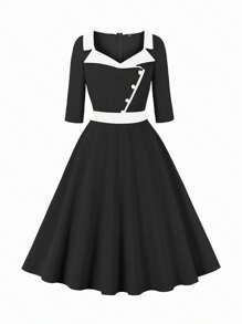 Women's Business Black Dress Elegant A Line Button Dress Half Sleeve Wedding Guest Office Work Dresses Cocktail Party Dress - 黑色 - 查看 1
