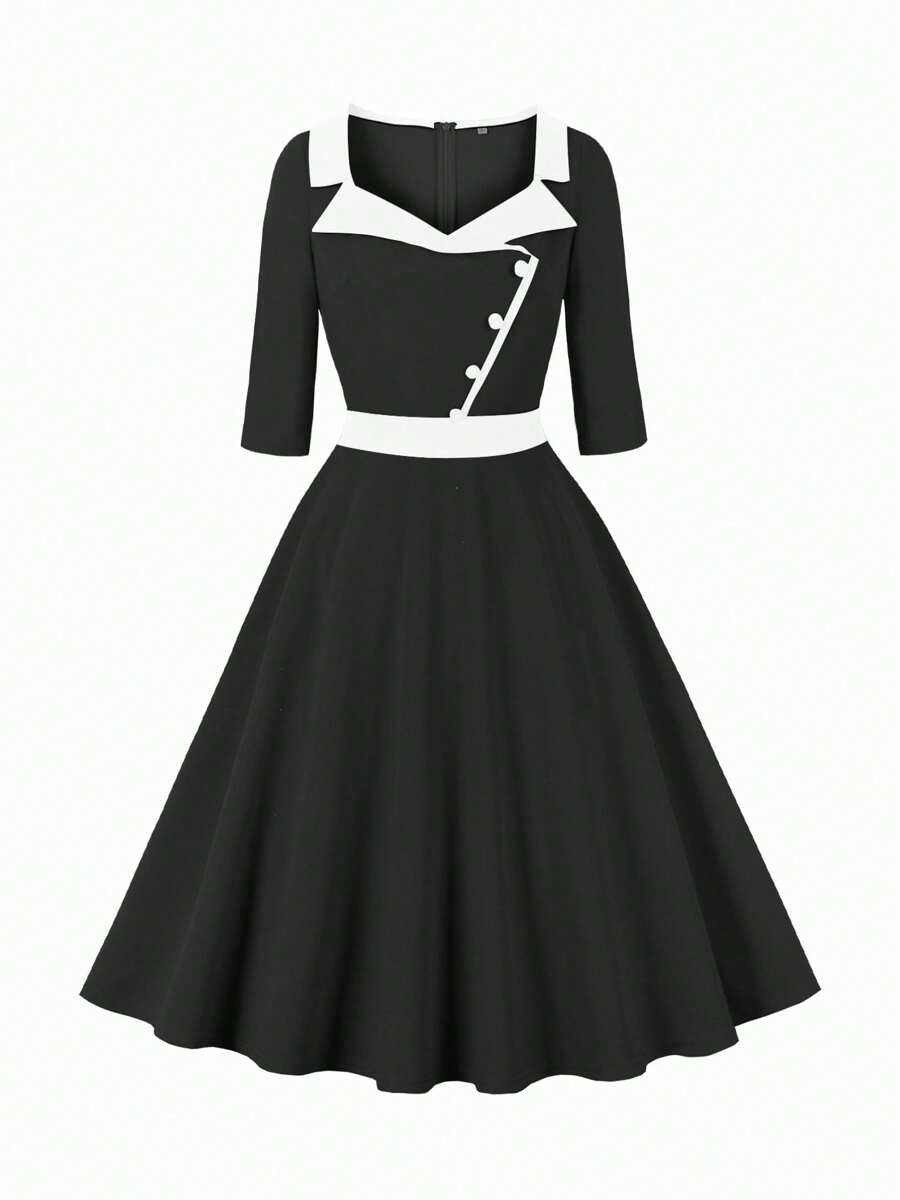 Women's Business Black Dress Elegant A Line Button Dress Half Sleeve Wedding Guest Office Work Dresses Cocktail Party Dress - 黑色 - 查看 1