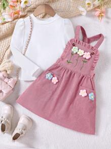 2pcs Young Girls Knit Long Sleeve Top And Corduroy Flower Decor Pinafore Dress Set, Casual Outfits For Autumn/Winter - Pink - View 4