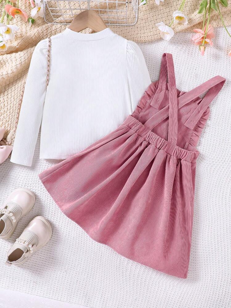 girls pink and green floral corduroy dress fall winter 2pcs Young Girls Knit Long Sleeve Top And Corduroy Flower Decor Pinafore  Dress Set, Casual Outfits For Autumn/Winter