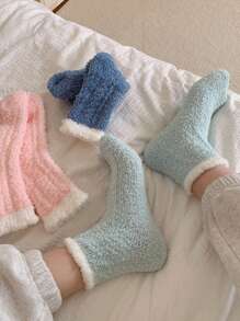 5 đôi tất cổ cao bằng vải nỉ san hô phối màu thoải mái và ấm áp cho nữ khi ngủ và đi chơi, mùa thu/đông - Nhiều màu - Xem 5
