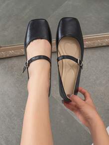 女士方头平底便鞋，适合户外，系带玛丽珍鞋，软底，灵活，宽版，大码，黑色