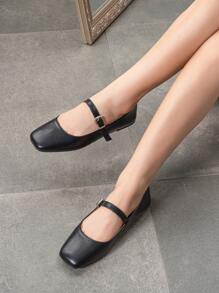 女士方头平底便鞋，适合户外，系带玛丽珍鞋，软底，灵活，宽版，大码，黑色