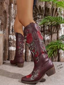 Women's Fashion Embroidered Wedge Slip-On Solid Color Versatile Boots,