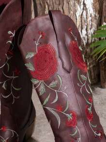 Women's Fashion Embroidered Wedge Slip-On Solid Color Versatile Boots,