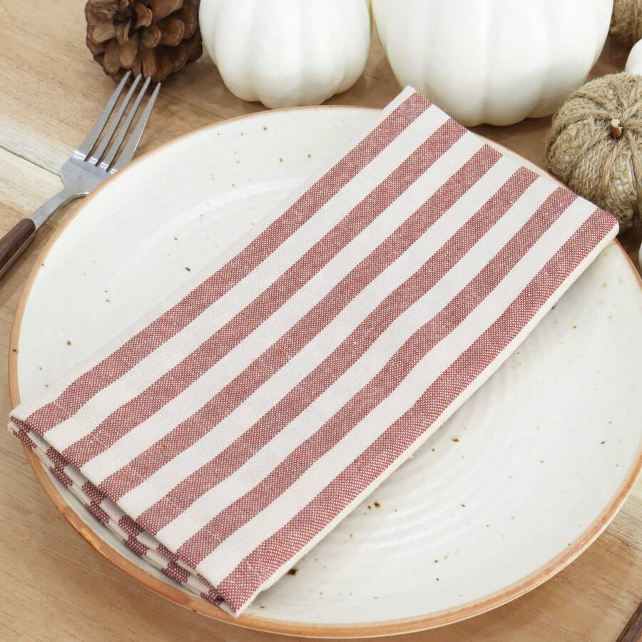 12pcs Striped Cloth Napkins, Washable Cotton Table Napkin For Household Dining Fall Autumn Decor Wedding Hotel 45*45cm - Royal Rust và Ngà - Xem 1
