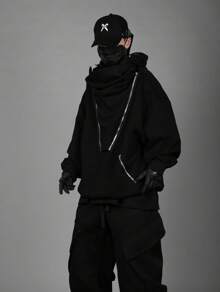 Black Half-ZipJapanese Streetwear Flap Neck Pullover Sweatshirts For Men - màu đen - Xem 8