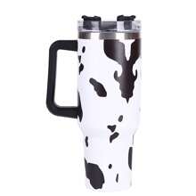 40oz 5D Cowprint Insulated Tumbler With Handle And Straw Lid Portable Large Capacity Water Bottle, Heat Preservation,304 Stainless Steel Cup For Outdoor Sports, Travel & Camping Birthday Gift - In hình con bò lớn màu trắng - Xem 2