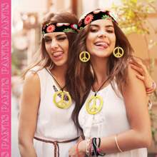 5pcs/Set 70s Retro Hippie Style Women Pants Outfit, Disco Party Costume, Includes Peace Sign Earrings, Necklace, And Headband, Printed Pattern, Suitable For Christmas Party - Multicolor - View 5