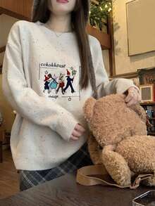 撞色圆领卡通图案女式宽松长袖毛衣，秋冬 - 米色 - 查看 2