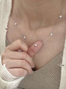 GAGAFEEL 1pc Simple S925 Sterling Silver Flower Full Sky Star Zirconia Necklace Collarbone Chain Gift For Women Daily Wear