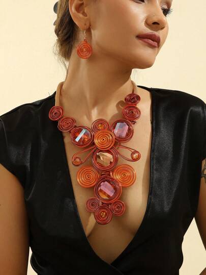 Handmade Aluminum Wire & Crystal Braided Bohemia Style Vintage Necklace & Earring Set, EU/US Fashion Elegant Evening Party/Holiday Casual Accessories