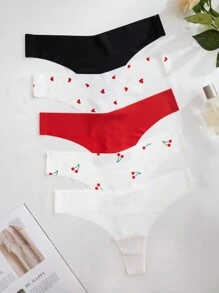 5pcs/Pack Women Fashion Cherry Heart Print Thong Panties - Multicolor - View 3