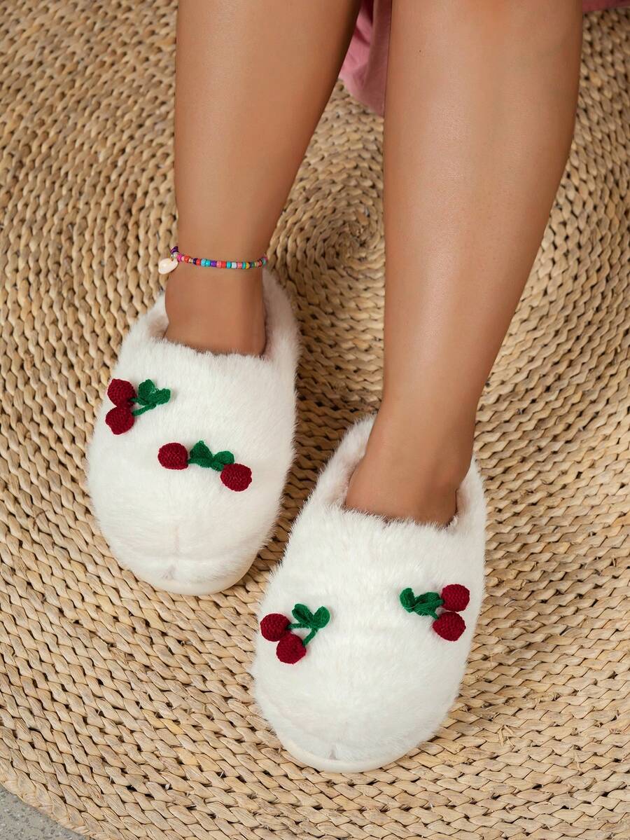 Damskie jesienno-zimowe nowe pluszowe buty z dużą główką, urocze czerwone ręcznie robione na drutach z dekoracją wiśniową 3D, kreskówkowe i słodkie puszyste kapcie, odpowiednie na co dzień, do domu, do biura, na imprezę