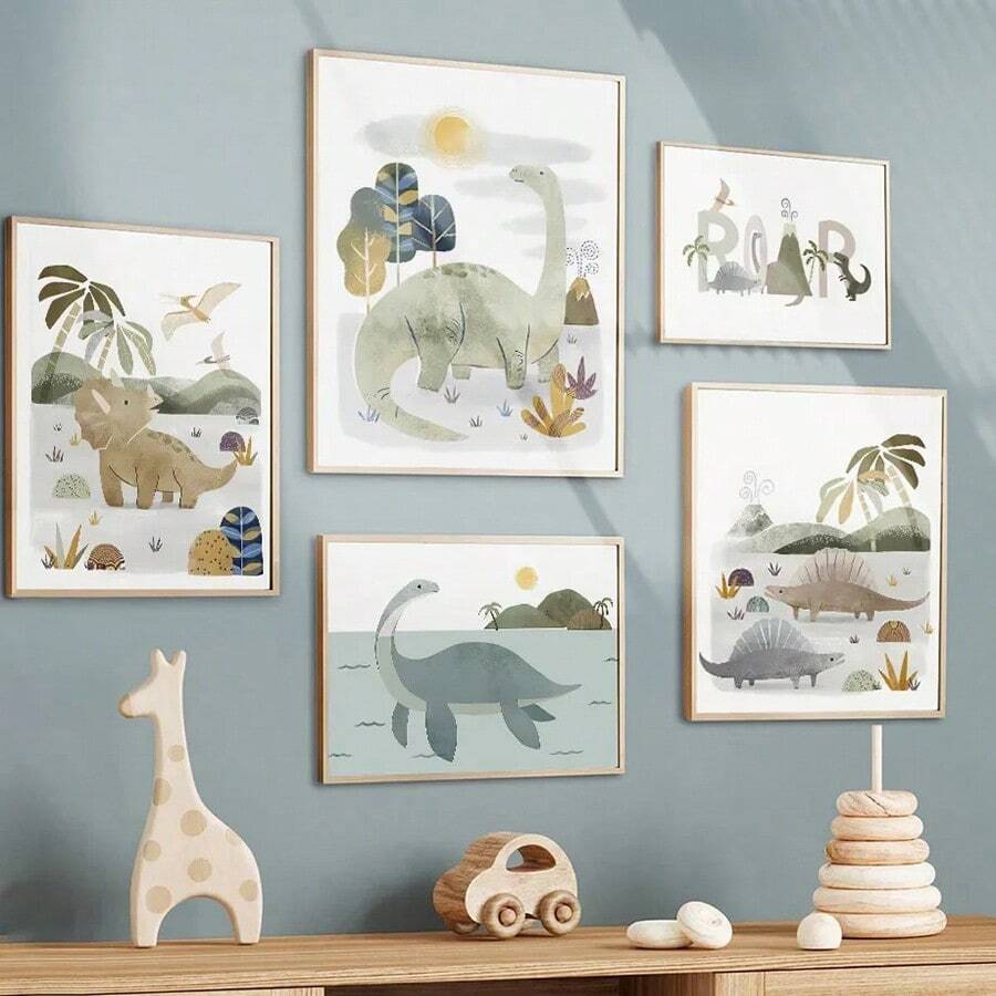1PC Animal Dinosaur Brachiosaur Children's Bedroom Decoration Tyrannosaurus Rex Cartoon Animal Painting Mural Nordic Poster Decoration Canvas Oil Painting Living Room Home Room Decoration Frameless