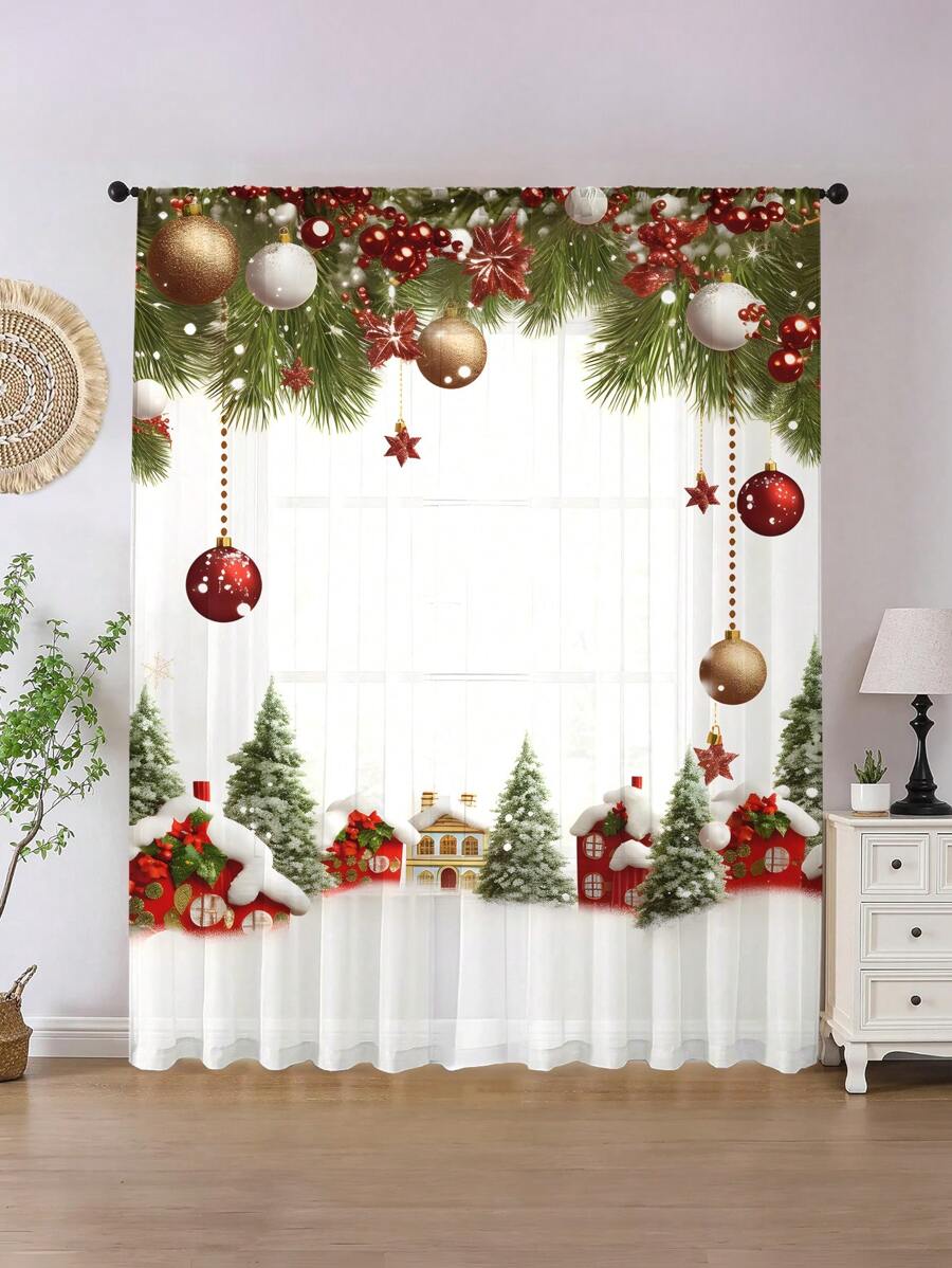 1pc Christmas Window Curtain, Printed With Christmas Tree And Bell Patterns, Suitable For Living Room, Bedroom, Kitchen, And All Season Decoration, Sheer Tulle, Rod Pocket Hanging, Translucent And Unlined, 3D Digital Printing Technique  Christmas Decor  Christmas Decorations Christmas Decoration Home Decor Room Decor - Multicolor - View 1
