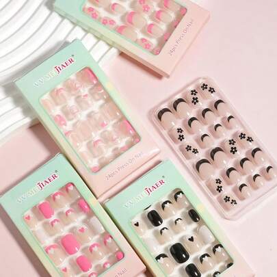 VV MEI JIA ER 5 Packs (120pcs - Strawberry/Rainbow/Heart/French/Animal) Cute Design Small Size Kids Press-On Acrylic False Nails, Full Cover, Short Oval Shape Nail Tips Set, Suitable For Girls, Press-On Manicure Decor Gift, Includes 5 Nail Tapes And 5 Nail Files