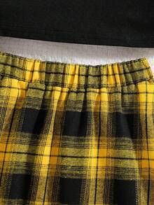 2 件/套女孩时尚春秋服装套装：字母印花领针织长袖上衣 + 松紧腰格子迷你裙，青春活力户外休闲秋装，舒适、柔软、简约的校园风格春季少女服装 - 黃色 - 查看 6