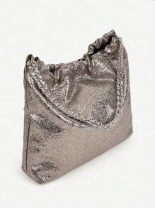 女士新款设计师复古银链皱褶单肩包，大容量简约时尚腋下手提包，百搭休闲手提包 - 銅色 - 查看 2