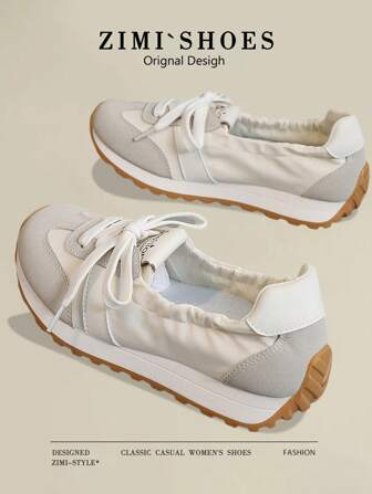 1 双女式多功能撞色一脚蹬休闲运动鞋，圆头，系带，户外，春秋季