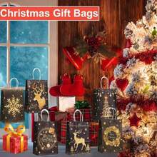 12/24 piezas Bolsas de regalo de papel kraft de Navidad en color dorado y negro con asas, con diseños de renos, copos de nieve y árboles de Navidad, bolsas de papel de color bronce con patrones surtidos, bolsas de regalo para fiestas de Navidad