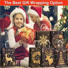 12/24 piezas Bolsas de regalo de papel kraft de Navidad en color dorado y negro con asas, con diseños de renos, copos de nieve y árboles de Navidad, bolsas de papel de color bronce con patrones surtidos, bolsas de regalo para fiestas de Navidad
