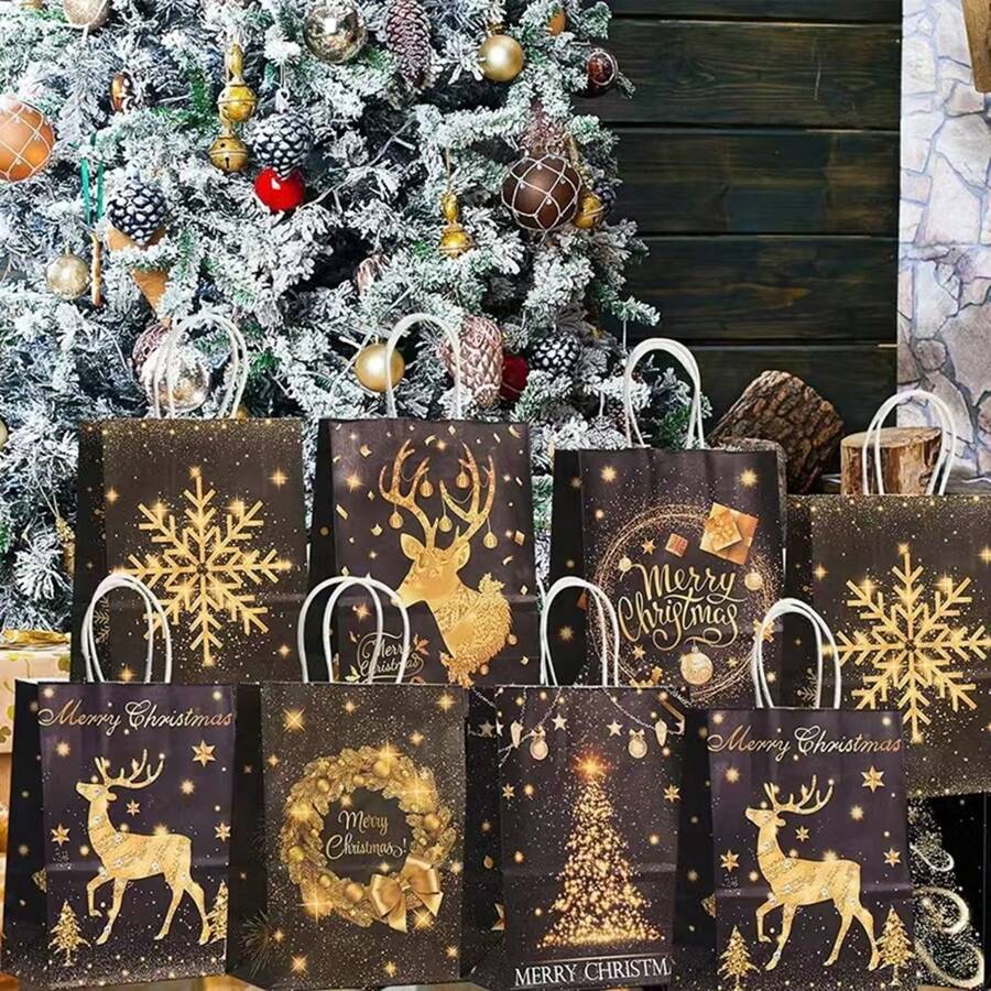 12/24 piezas Bolsas de regalo de papel kraft de Navidad en color dorado y negro con asas, con diseños de renos, copos de nieve y árboles de Navidad, bolsas de papel de color bronce con patrones surtidos, bolsas de regalo para fiestas de Navidad