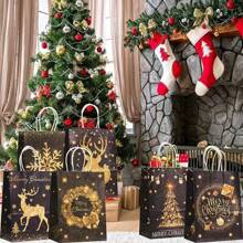 12/24 piezas Bolsas de regalo de papel kraft de Navidad en color dorado y negro con asas, con diseños de renos, copos de nieve y árboles de Navidad, bolsas de papel de color bronce con patrones surtidos, bolsas de regalo para fiestas de Navidad
