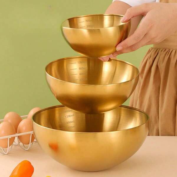 1 pièce/3 pièces Bol à salade en acier inoxydable doré, bol de mélange de cuisine multifonction. Ensemble de casserole de cuisson profonde, casserole pour battre les œufs, plateau pour battre la crème. Cadeau de Noël, fournitures scolaires