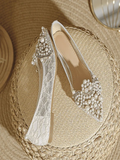 Women Soft Flats Pointed Toe Shallow Fairy Style Soft Pearls & Lace Mesh Shoes, Bridal Shoes Suitable For Daily Wear