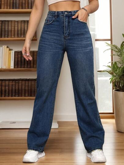 Vaqueros de pierna recta simples para mujeres para uso diario ,Pantalones holgados con bolsillos en azul oscuro, Jeans, Pantalón denim holgado no elástico azul oscuro