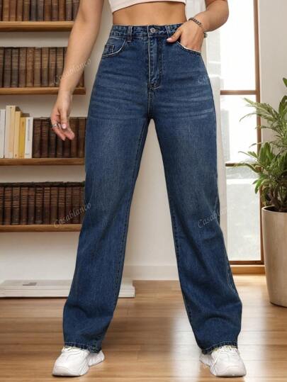 Vaqueros de pierna recta simples para mujeres para uso diario ,Pantalones holgados con bolsillos en azul oscuro, Jeans, Pantalón denim holgado no elástico azul oscuro