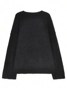 休闲纯色落肩宽松毛衣，秋冬 - 黑色 - 查看 6