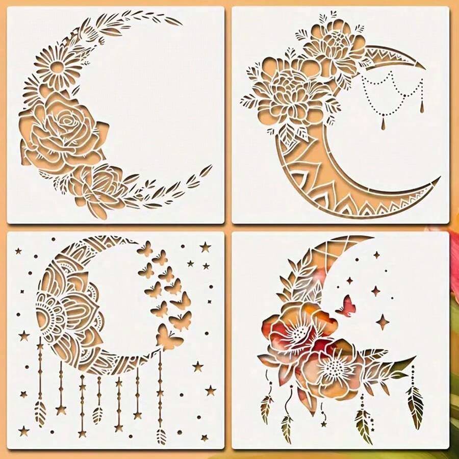 4 件装月亮和曼陀罗模板套装，11 英寸可重复使用绘画模板，带有星星、花朵、蝴蝶、羽毛 - 非常适合 DIY 剪贴簿、墙壁艺术、木质帆布家居装饰 - 白色 - 查看 1