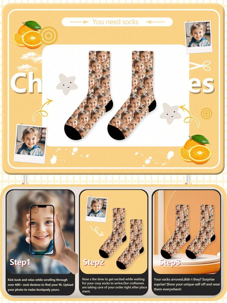 Customizable Children's Mid-Calf Socks With Personalized Face Prints, Suitable For Boys And Girls, Can Print Any Photo, Fun And Decorative Design, Ideal Gift For Valentine's Day And Other Occasions, Multifunctional, Decorative, Letter Patterns, Fashionable, Clean, Modern, Colorful, Cute, Casual, Customizable, Personalized, Unique, Custom, Comfortable To Wear - Multicolor - View 4